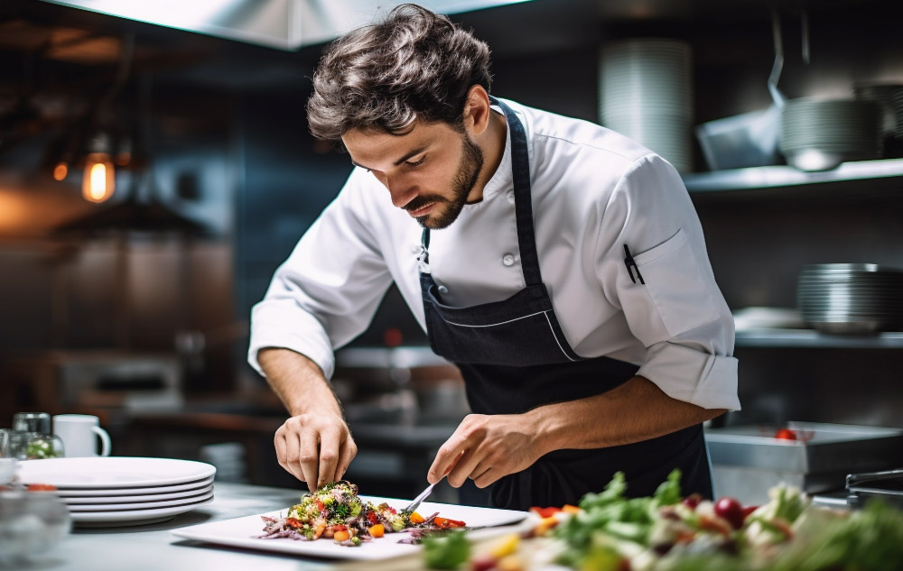 Ein Koch richtet in einer professionellen Küche sorgfältig ein Gericht auf einem Teller an.