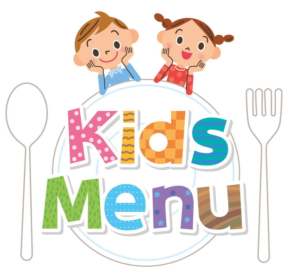 Bunte Illustration mit zwei lachenden Kindern über einem Teller und dem Schriftzug „Kids Menu“, daneben sind Löffel und Gabel dargestellt.